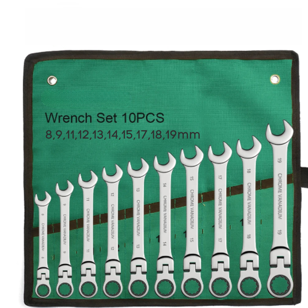 Metric Ratcheting Spanner Wrench Set Flexible Head Gear Ring Combination Wrenches with Canvas Bag