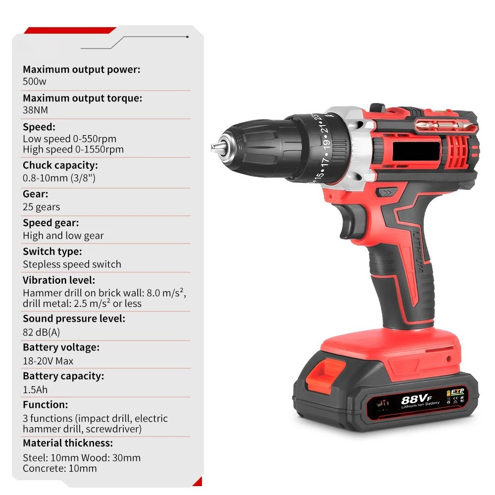 500W Cordless Hammer Impact Drill Kit with 2 Batteries and 24-Piece Accessory Set