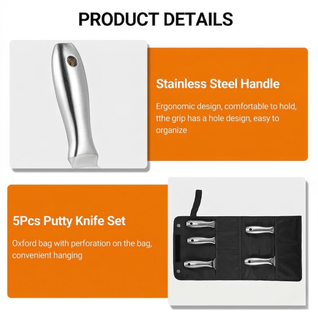 Heavy Duty Stainless Steel Scraper Putty Knife Set 7Pcs with Storage Bag