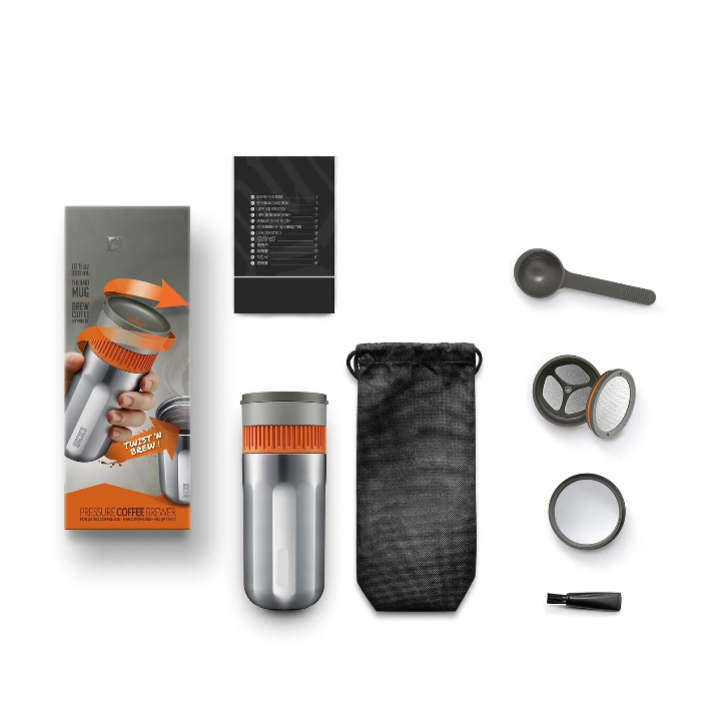 Portable Vacuum Pressure Coffee Maker with Insulated Travel Mug Stainless Steel Hand Powered Coffee Brewer