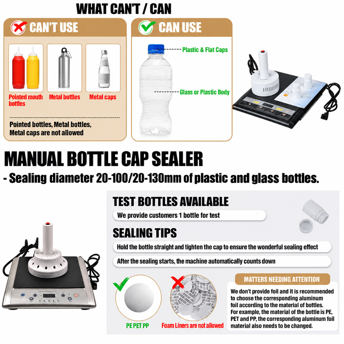Induction Bottle Sealer 800-1200W Adjustable Handheld Foil Sealing Machine 20-100mm