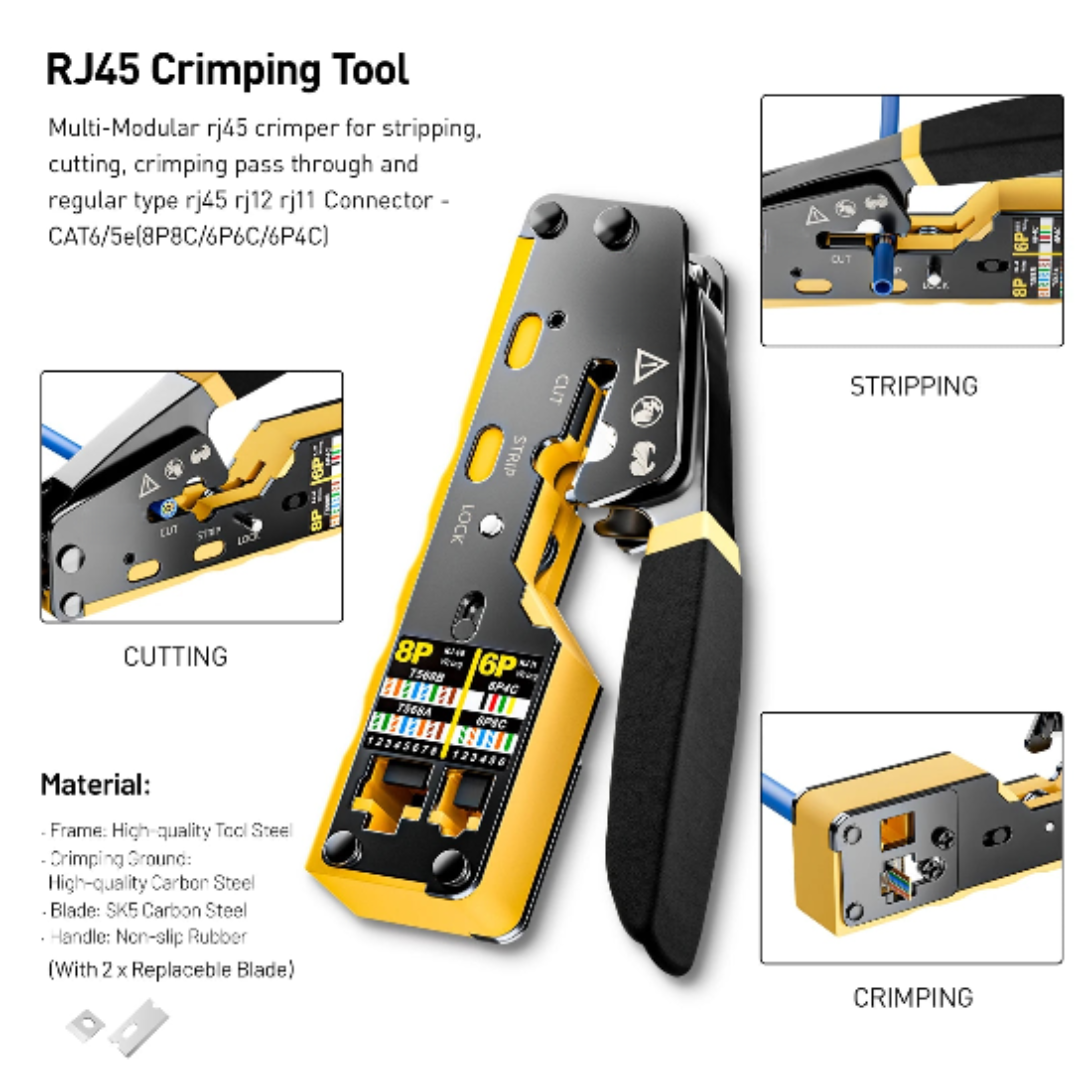 Heavy Duty RJ45 Ethernet Crimping Tool Kit with Cable Tester, Stripper and Carry Case