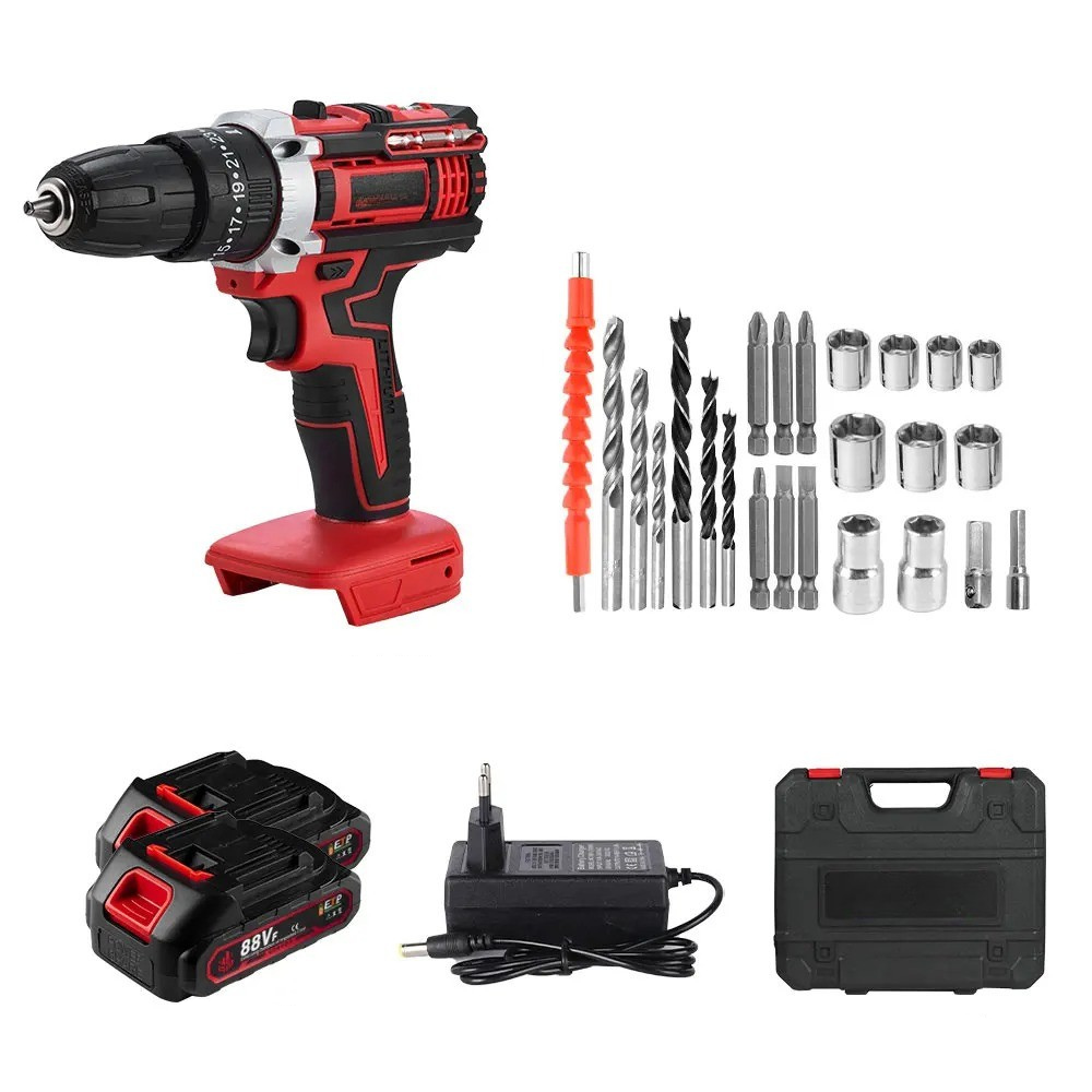 500W Cordless Hammer Impact Drill Kit with 2 Batteries and 24-Piece Accessory Set