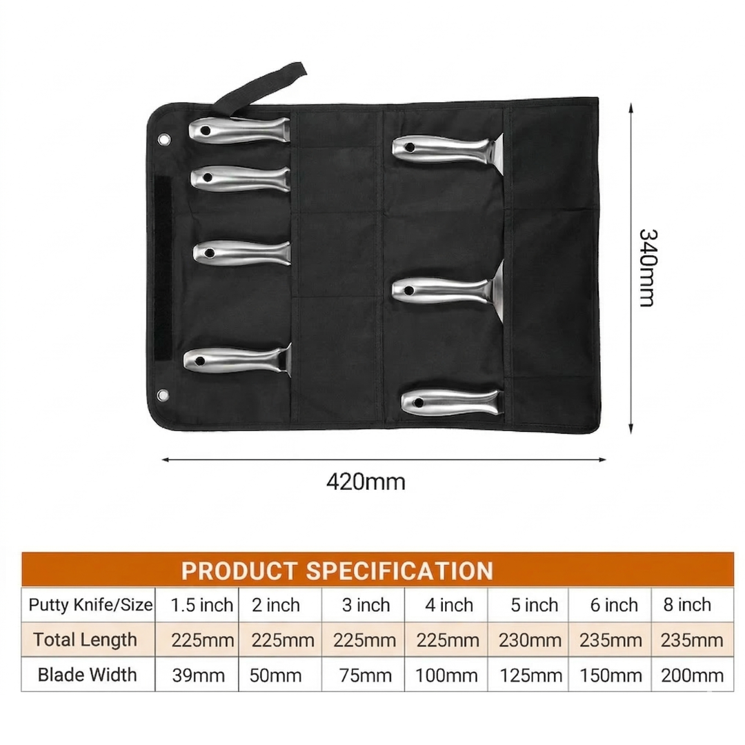 Heavy Duty Stainless Steel Scraper Putty Knife Set 7Pcs with Storage Bag