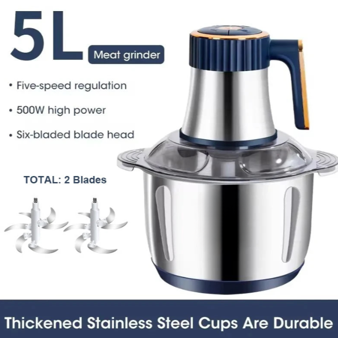 Electric Meat Grinder 5L Stainless Steel Food Processor Vegetable Chopper 500W 5-Speed Multi-Function