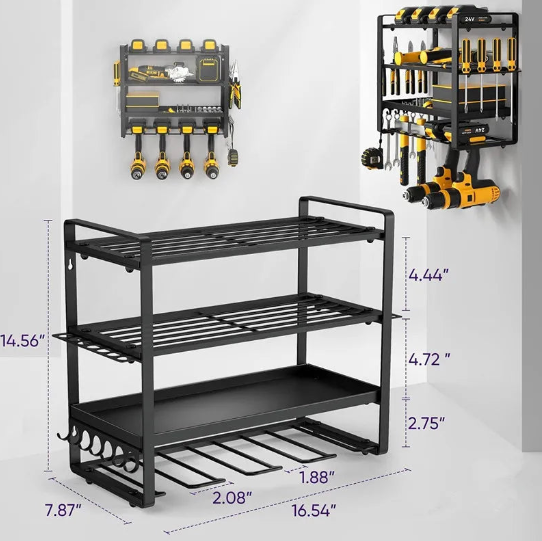 Heavy Duty 4 Tier Wall Mount Power Tool Organizer with 12 Drill Holder Metal Storage Rack