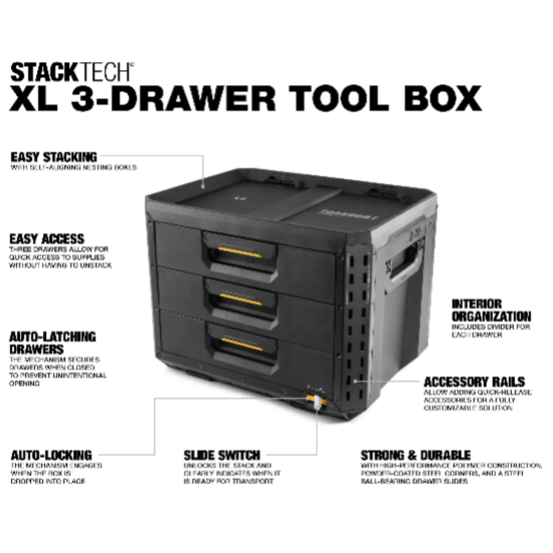 Heavy Duty 3-Drawer Stackable Tool Box with Dividers and Steel Drawer Slides Storage Organizer