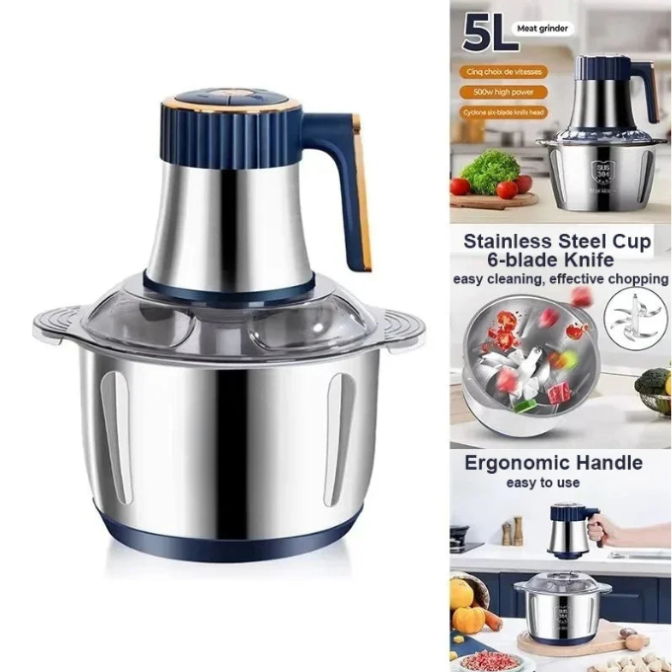 Electric Meat Grinder 5L Stainless Steel Food Processor Vegetable Chopper 500W 5-Speed Multi-Function