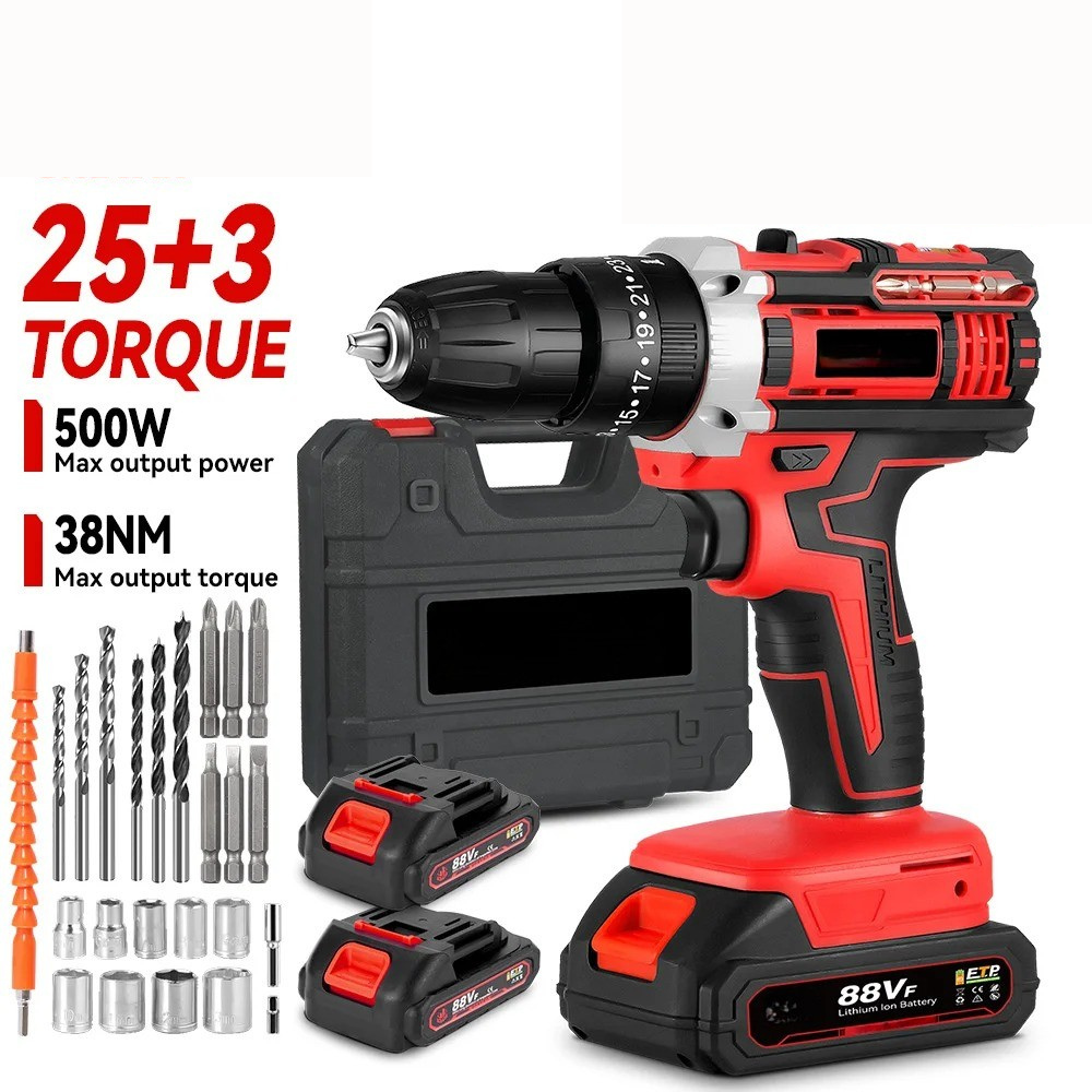 500W Cordless Hammer Impact Drill Kit with 2 Batteries and 24-Piece Accessory Set