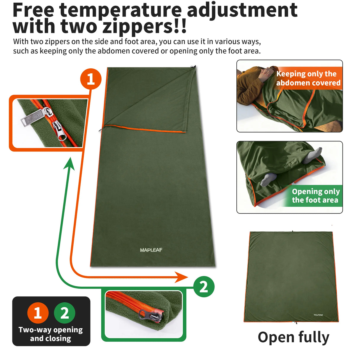 Fleece Camping Liner with Full Zipper Convertible Blanket Drawstring and Carry Bag