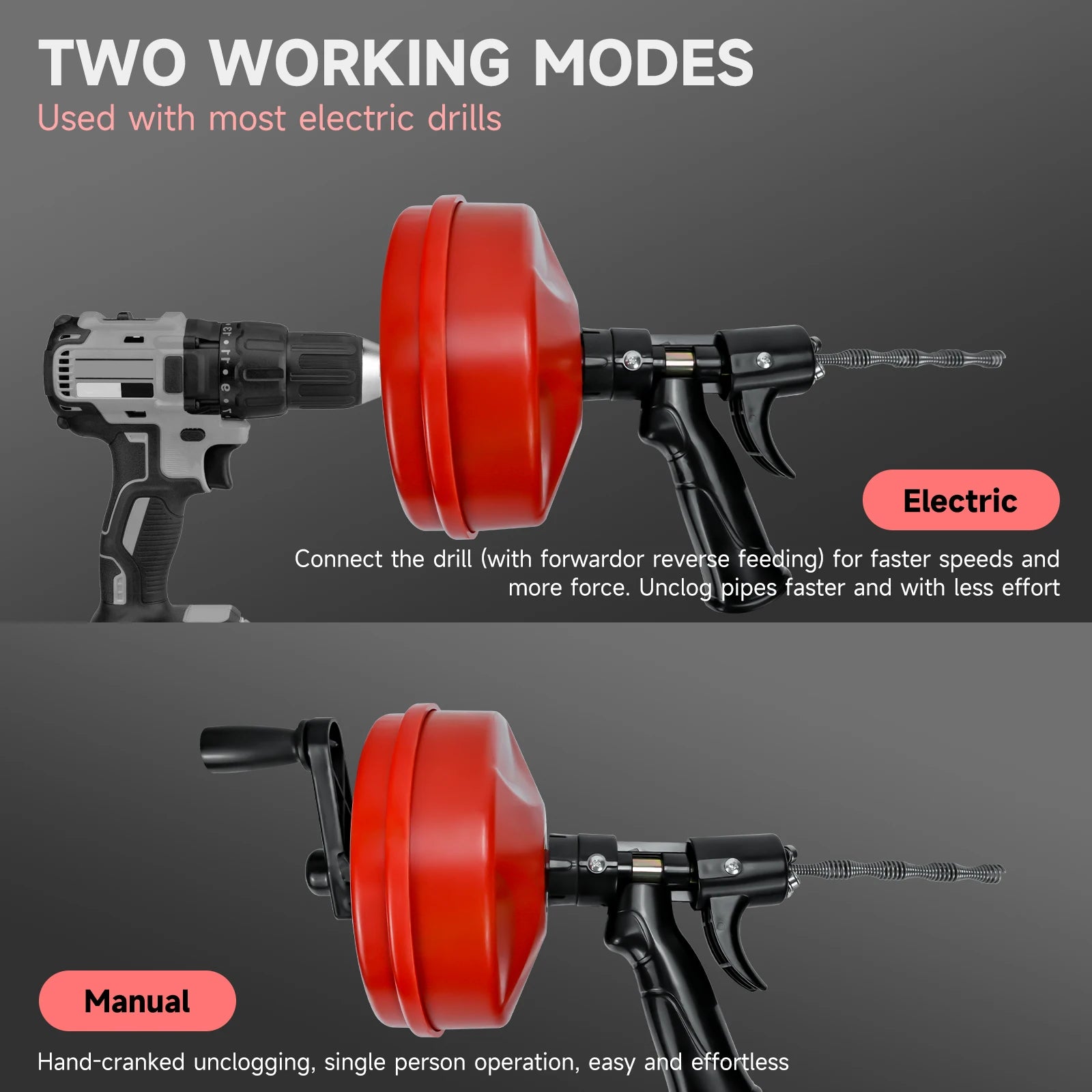 10m Flexible Drain Auger Plumbing Snake Manual or Drill Powered Clog Remover Tool