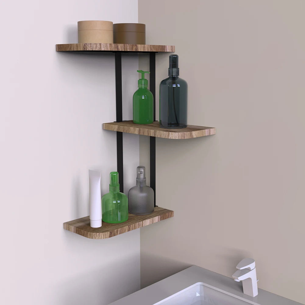 3 Tier Rustic Corner Wall Shelf Wooden and Metal Storage Rack for Kitchen Bathroom or Living Room