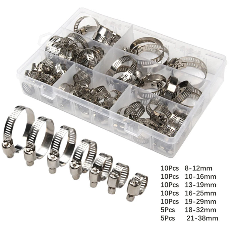 60pcs Stainless Steel Hose Clamps Adjustable 0.8–3.8cm Pipe Clips Set