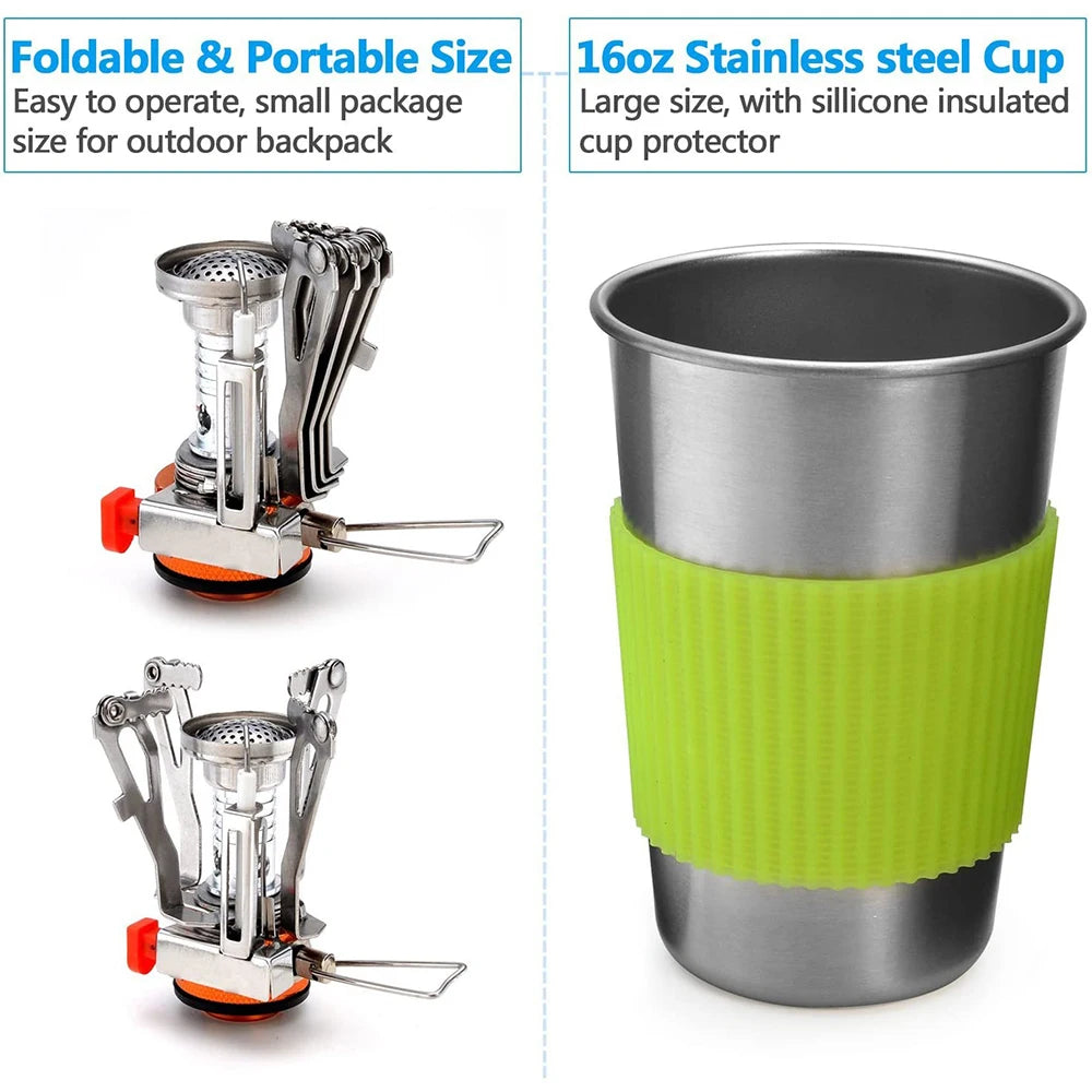 Portable 9-Piece Camping Cookware Kit with Stove Aluminium Pots and Tableware for Outdoor Cooking