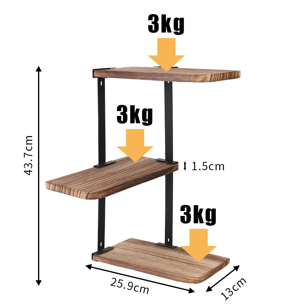3 Tier Rustic Corner Wall Shelf Wooden and Metal Storage Rack for Kitchen Bathroom or Living Room