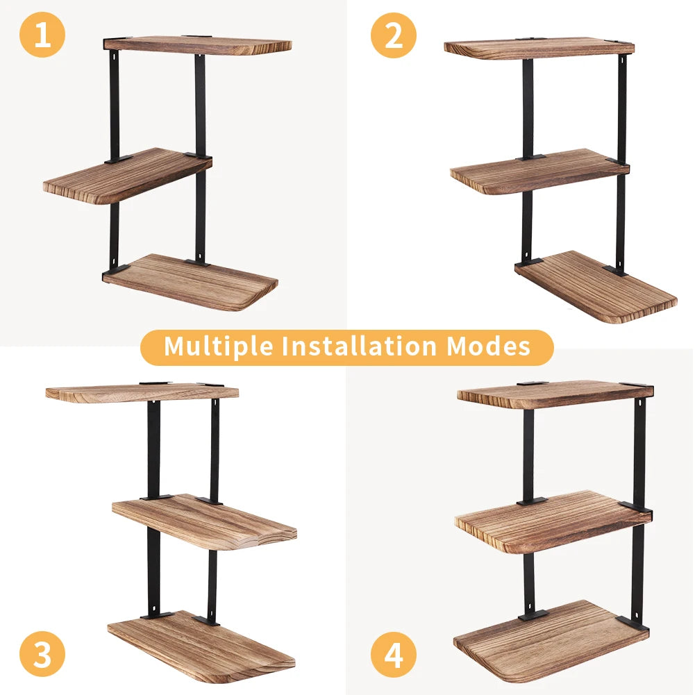 3 Tier Rustic Corner Wall Shelf Wooden and Metal Storage Rack for Kitchen Bathroom or Living Room