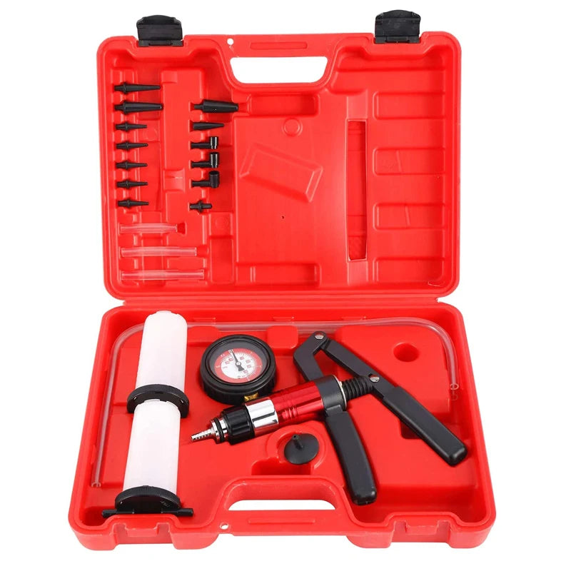 Hand Held Vacuum Pump Tester and Brake Bleeder Kit 21 Piece Automotive Diagnostic Tool with Gauge