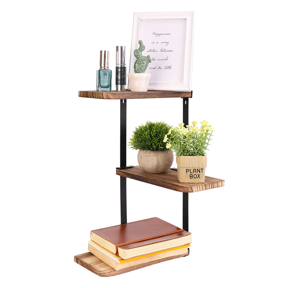 3 Tier Rustic Corner Wall Shelf Wooden and Metal Storage Rack for Kitchen Bathroom or Living Room