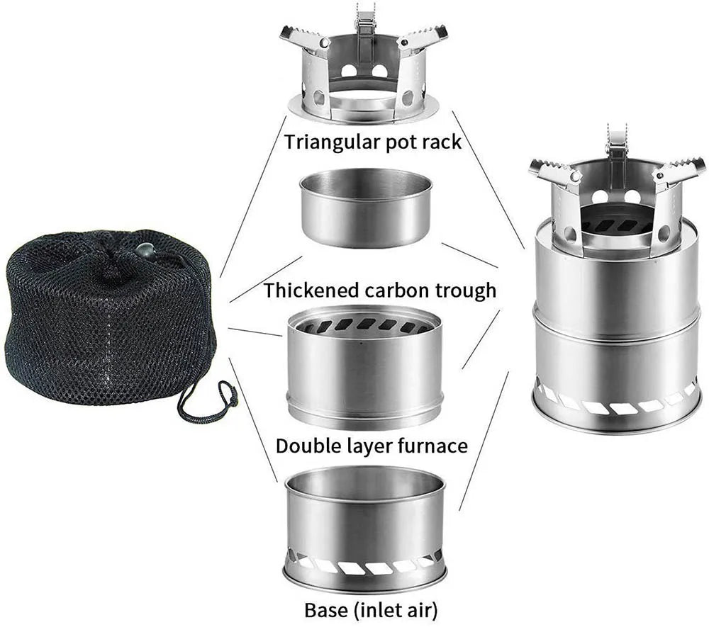 Portable Stainless Steel Camping Stove with Carry Bag Lightweight Outdoor Cooking Stove for Hiking Picnic