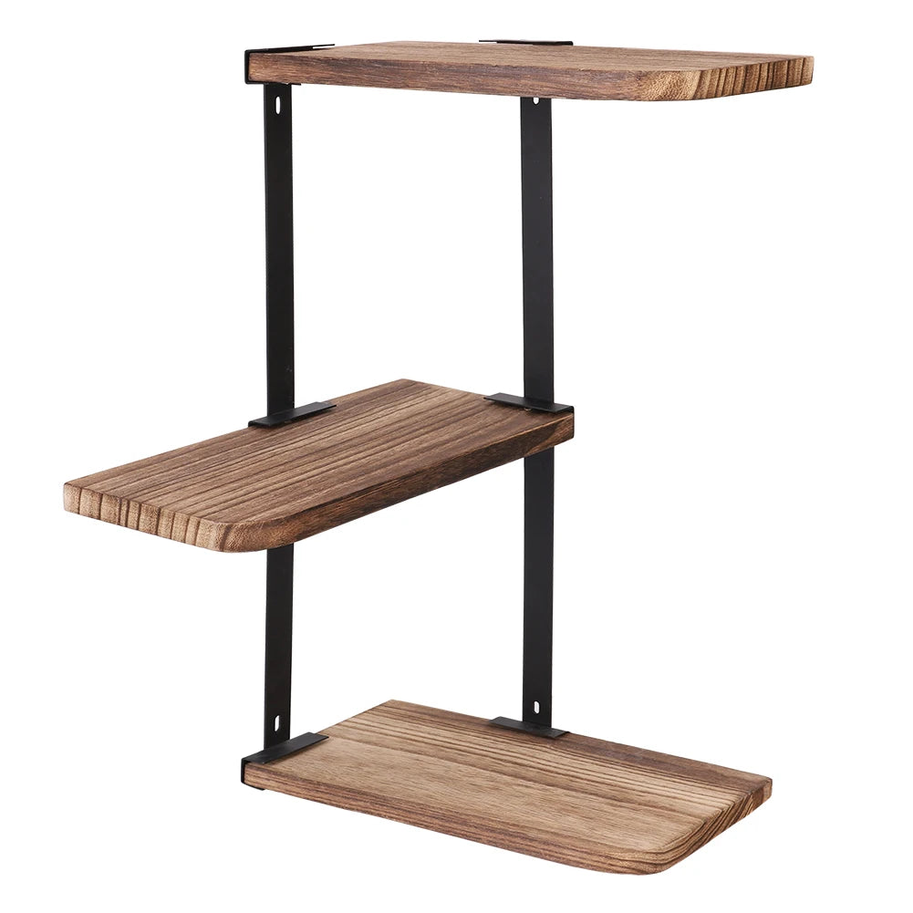 3 Tier Rustic Corner Wall Shelf Wooden and Metal Storage Rack for Kitchen Bathroom or Living Room