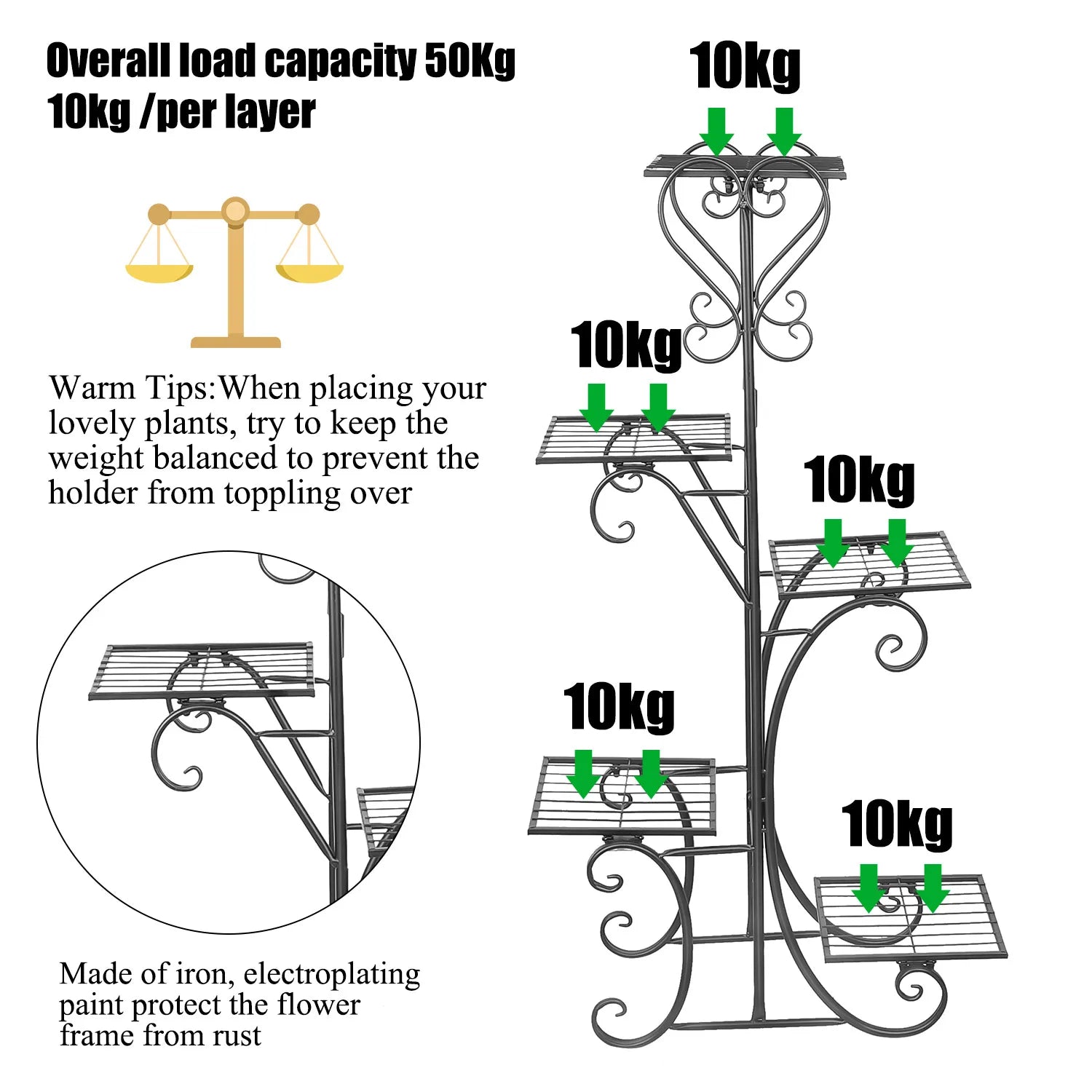 5 Tier Metal Plant Stand Indoor Outdoor Iron Flower Pot Display Shelf Rack