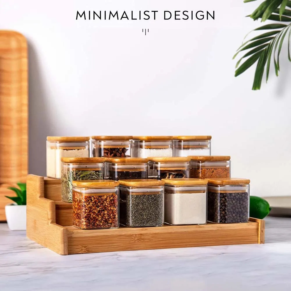 Glass Spice Jar Set with Bamboo Lids and Labels Square Food Storage Containers 6 or 12 Pack