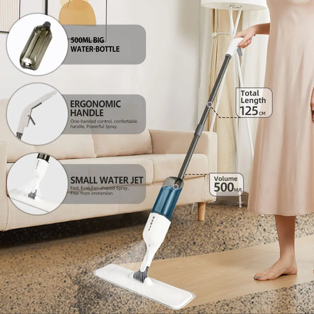 360° Spray Mop with 500ML Bottle, Reusable Microfiber Pads & Extendable Handle for Easy Cleaning