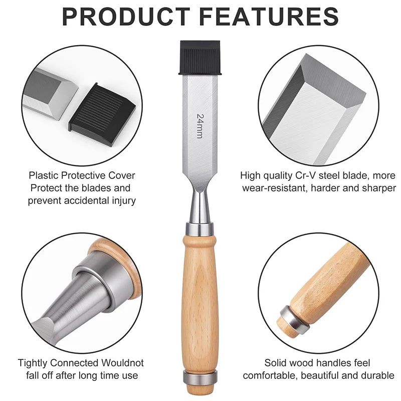 Professional 4PCS Wood Carving Chisels Set 6–24mm Ergonomic Handles for Woodworking DIY Craft Tools