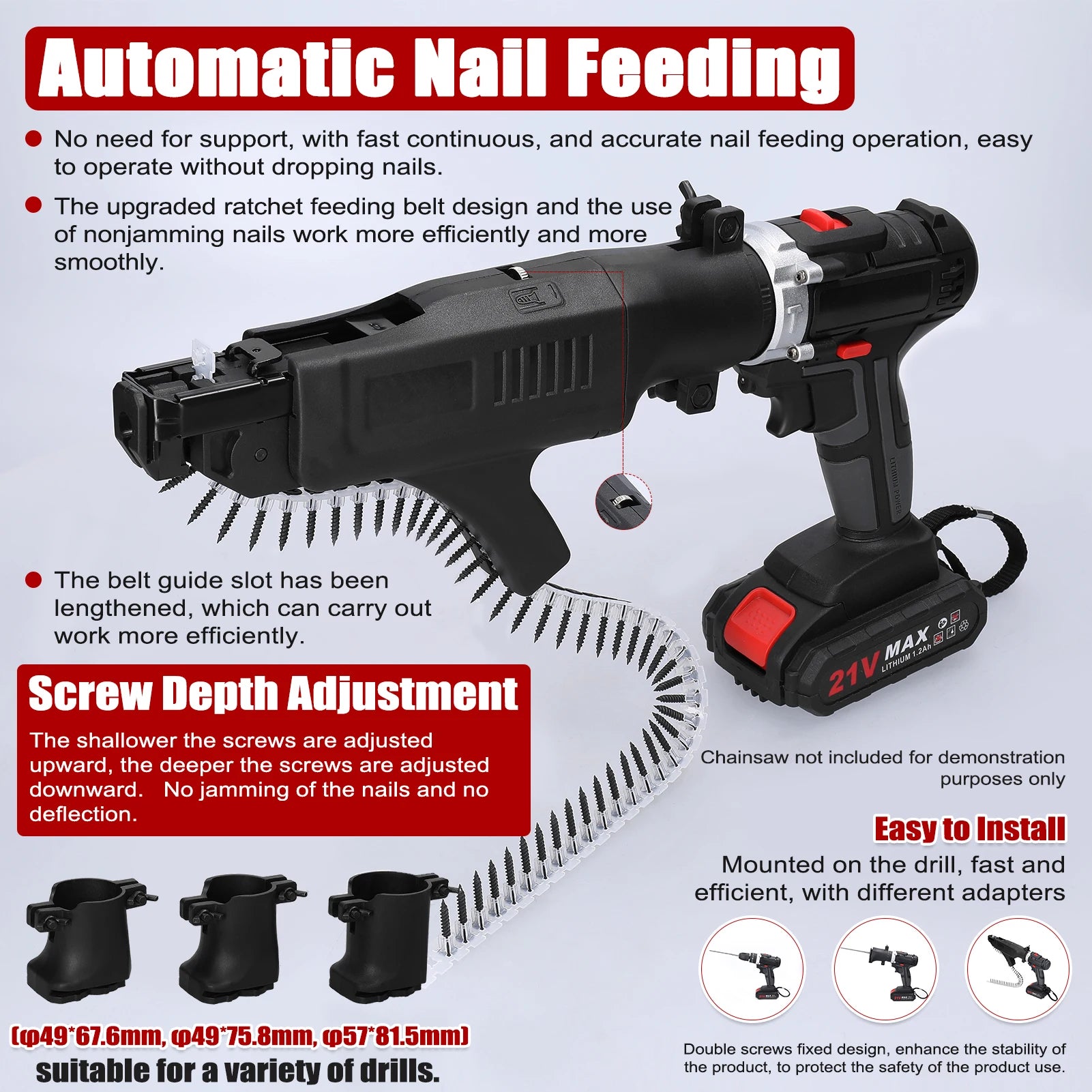 Cordless Drill Chain Screw Feeder Converter with Automatic Screw Feeding and Adjustable Depth Control