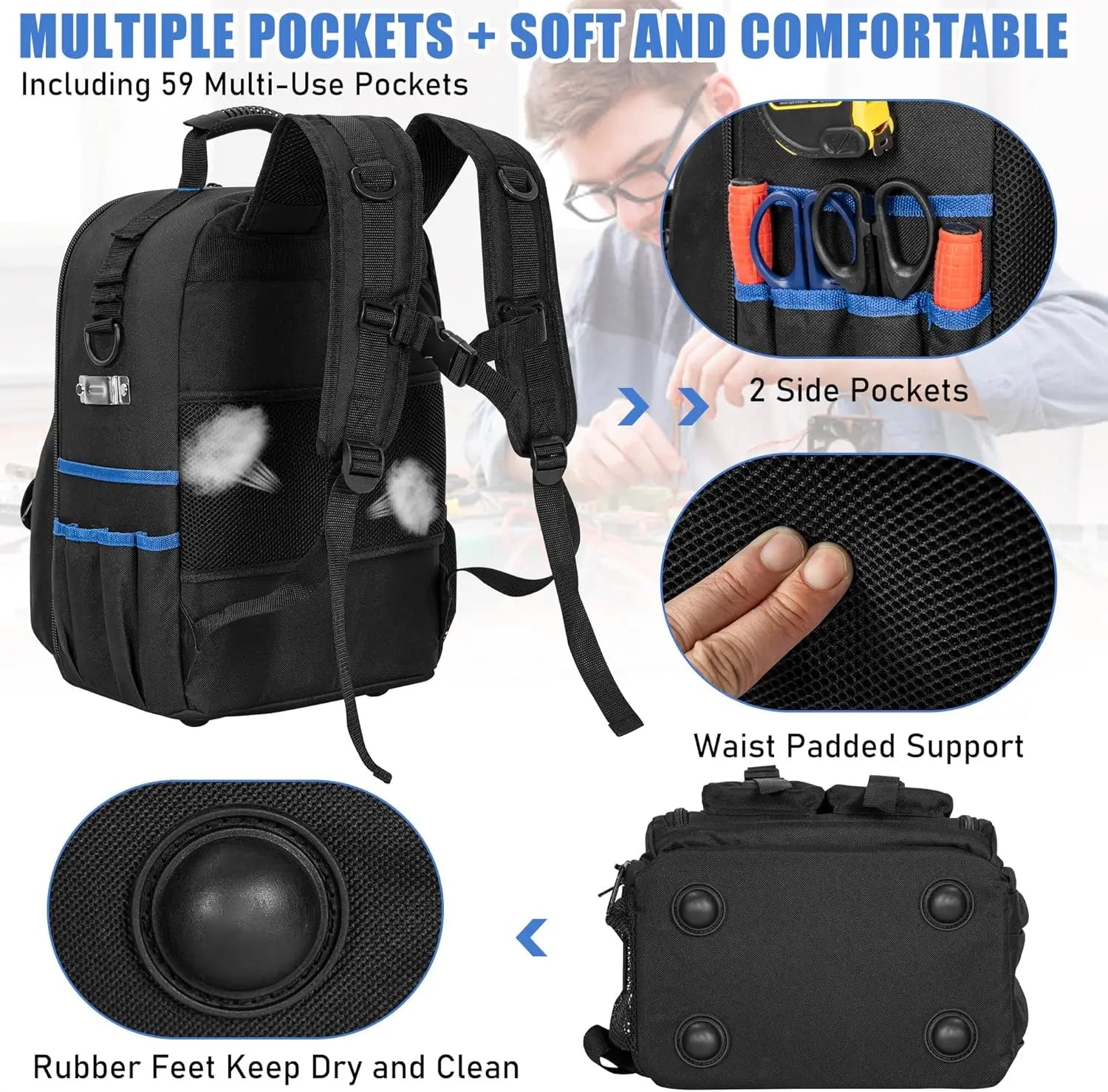 Heavy Duty Tool Backpack with Padded Shoulder Straps and Removable Tool Organizer