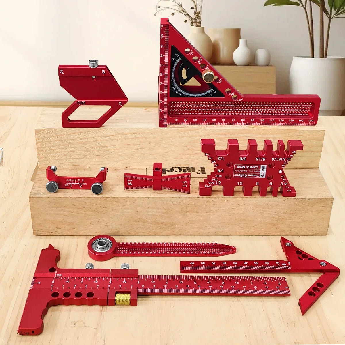 10 Pcs Woodworking Square Kit with Box, Aluminum Scribeing Ruler,Center Finder,Circular Drawing Compass,Honing Guide,Height Gauge