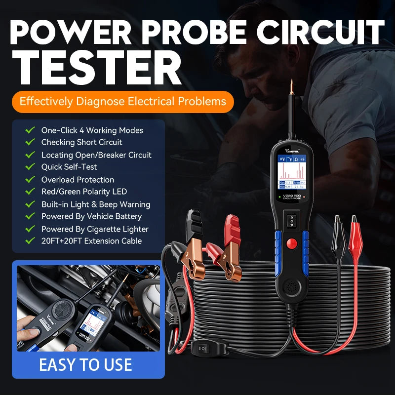 Automotive Power Circuit Probe Tester V200PRO 12V/24V with 120cm Cable and Fuse Testing