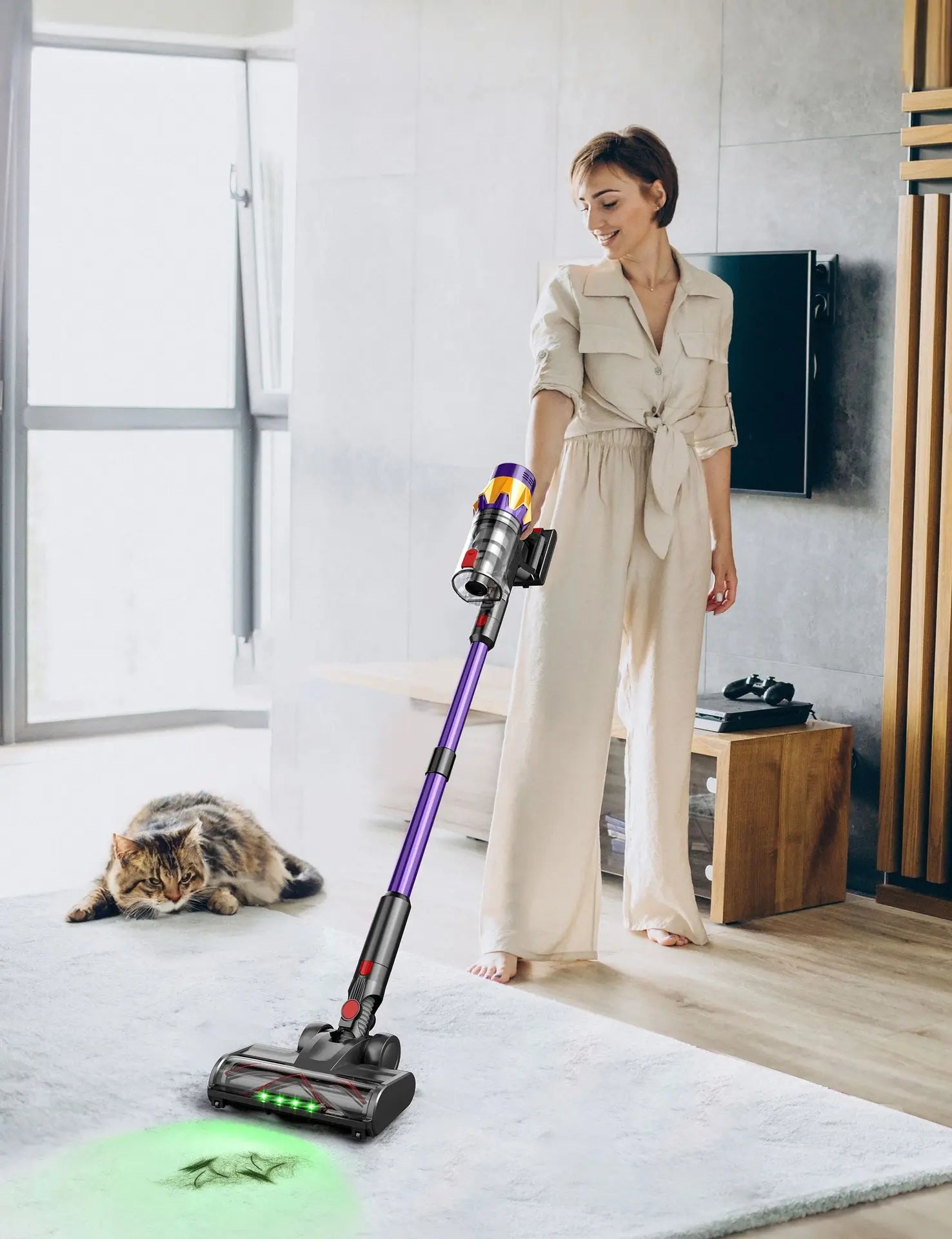 Cordless Stick Vacuum Cleaner 550W with HEPA Filter LCD Display Anti Tangle Brush and 60min Battery
