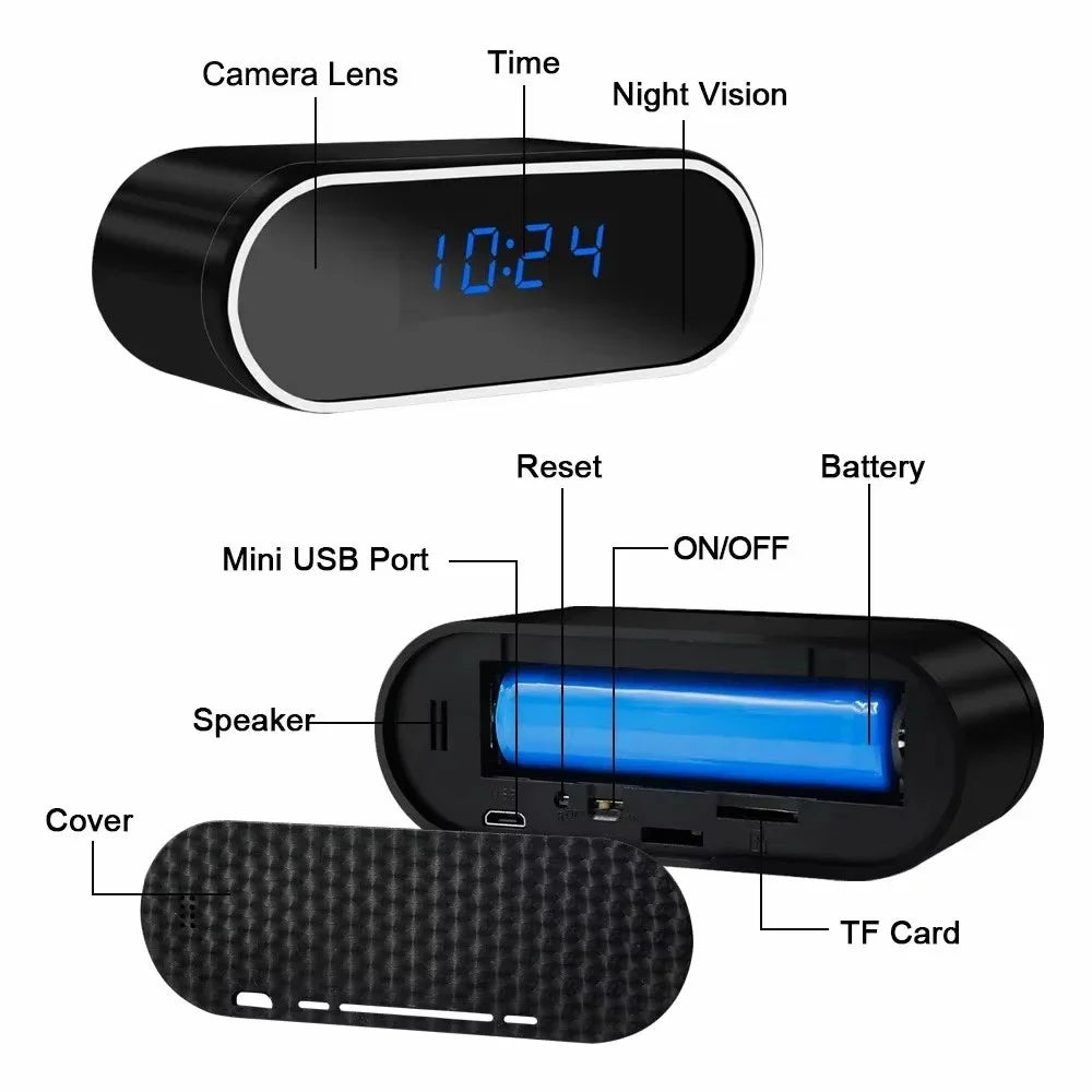 Mini Clock Camera 1080P WiFi 120 Degree Night Vision Motion Detection with 32GB Card