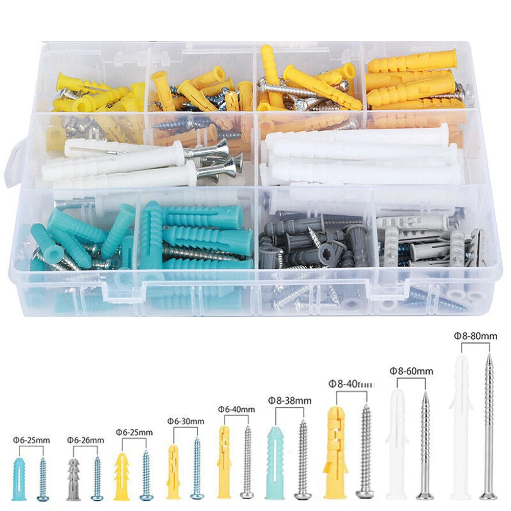 200 Piece Wall Anchor and Screw Assortment Kit M4 M5 Nylon Drywall Fixing Set with Storage Box