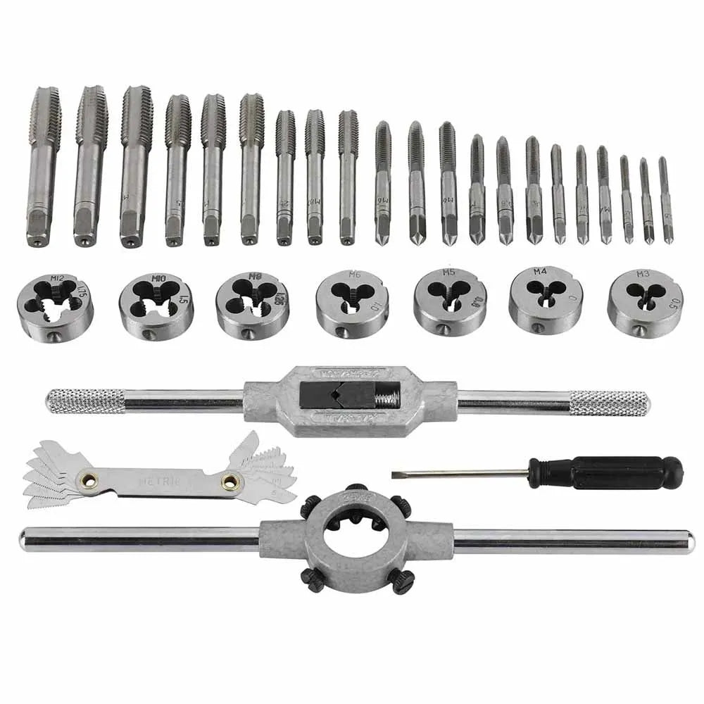Tap and Die Set 32 Piece Metric Threading Tool Kit with Wrenches Pitch Gauge and Metal Case