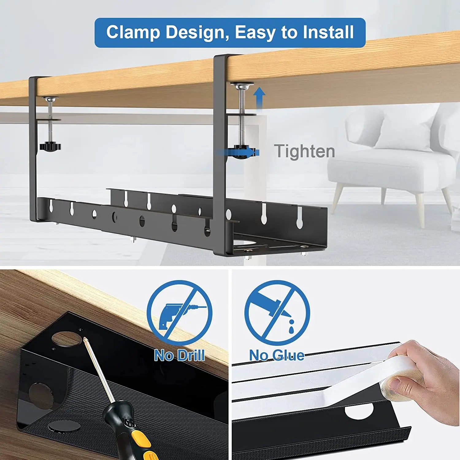 Under Desk Cable Management Tray Adjustable Metal Organizer Rack with No Drill Clamp Mount