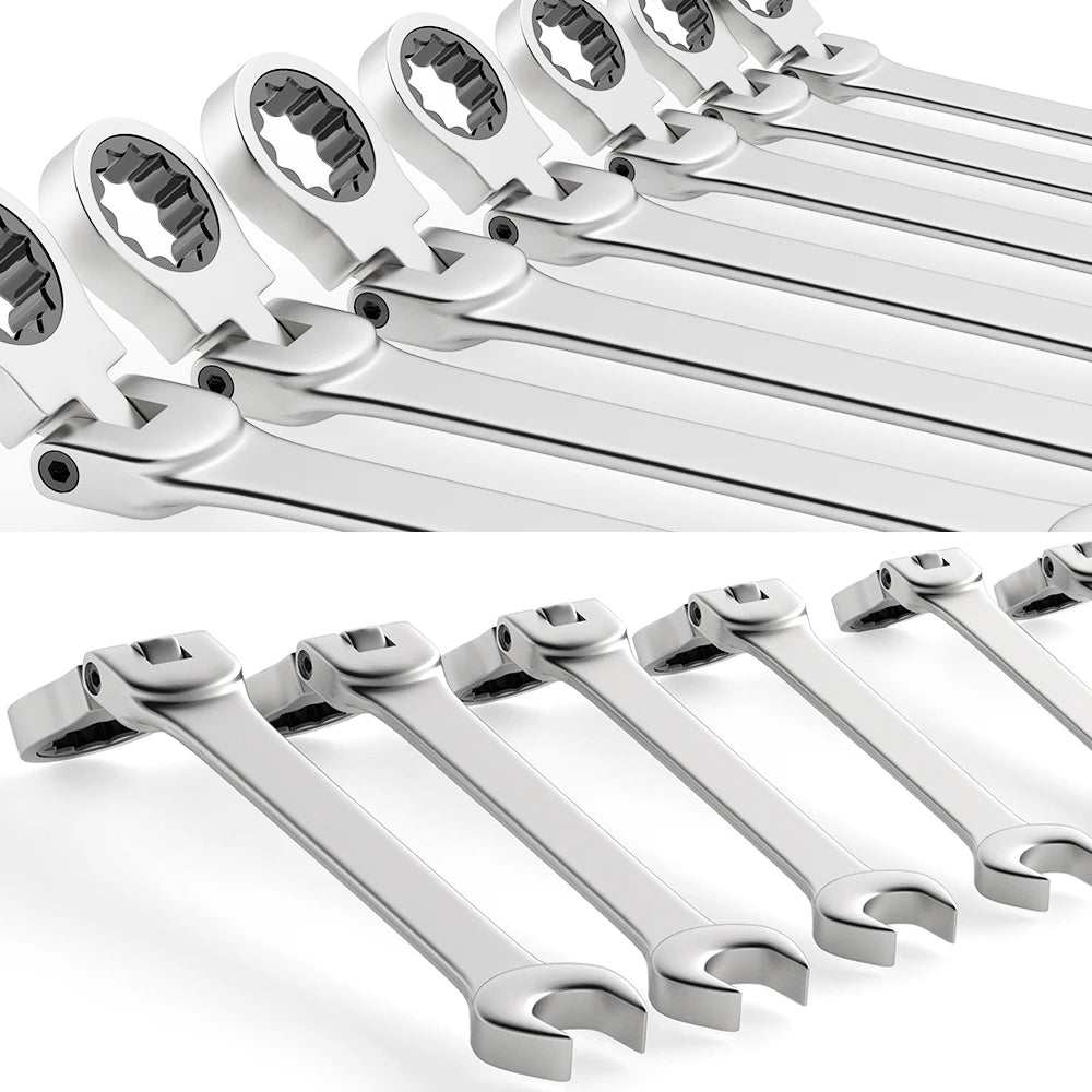 Metric Ratcheting Spanner Wrench Set Flexible Head Gear Ring Combination Wrenches with Canvas Bag