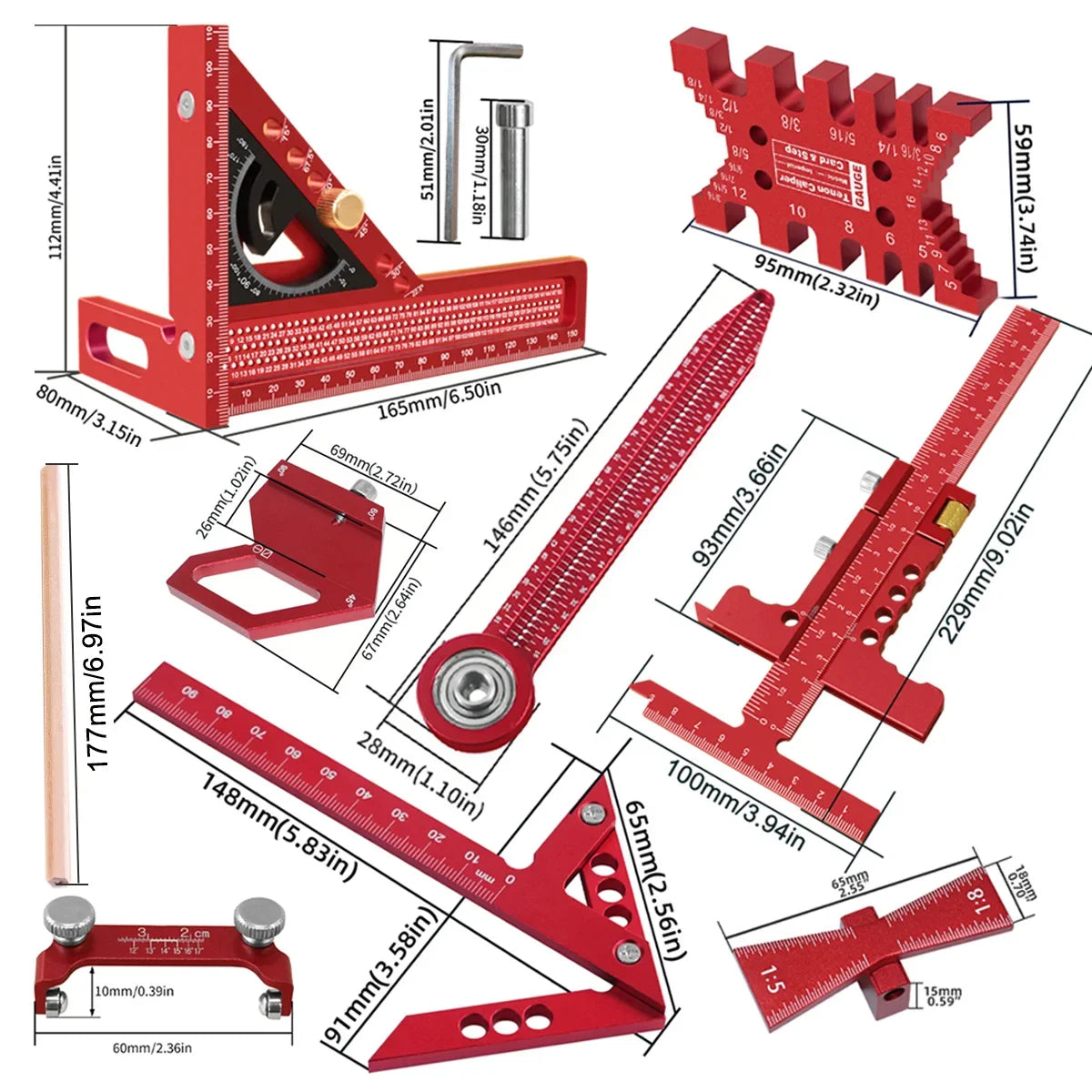 10 Pcs Woodworking Square Kit with Box, Aluminum Scribeing Ruler,Center Finder,Circular Drawing Compass,Honing Guide,Height Gauge