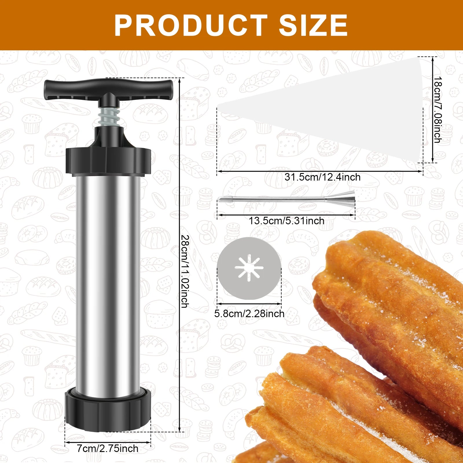 Stainless Steel Churro Maker Kit with 3 Nozzles Reusable Piping Bag Filling Tools and Cleaning Brushes
