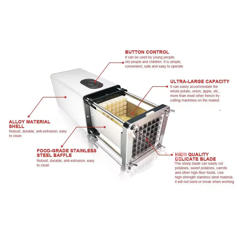 Electric French Fry Cutter Stainless Steel Potato Chips Slicer with 2 Interchangeable Blades