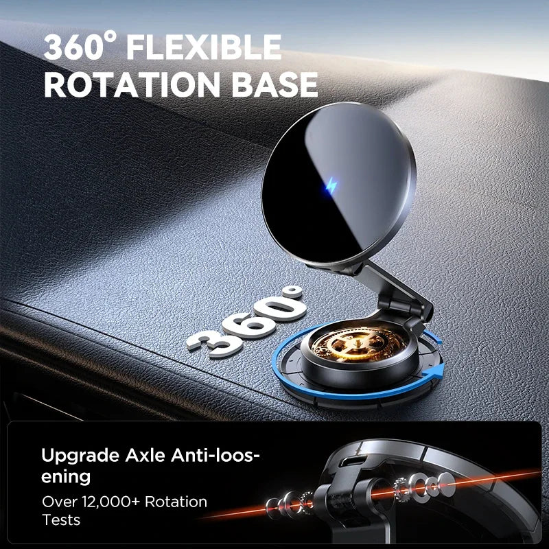 Portable Magnetic Car Phone Mount with 15W Wireless Charging and 360° Adjustable Rotation