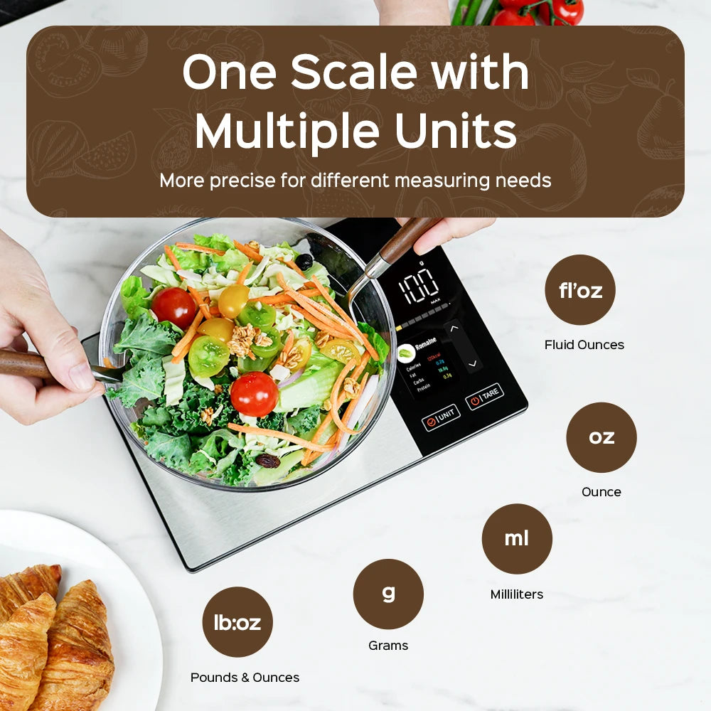 Digital Kitchen Food Scale with Nutritional Calculator LED Display 5kg Capacity Stainless Steel Surface