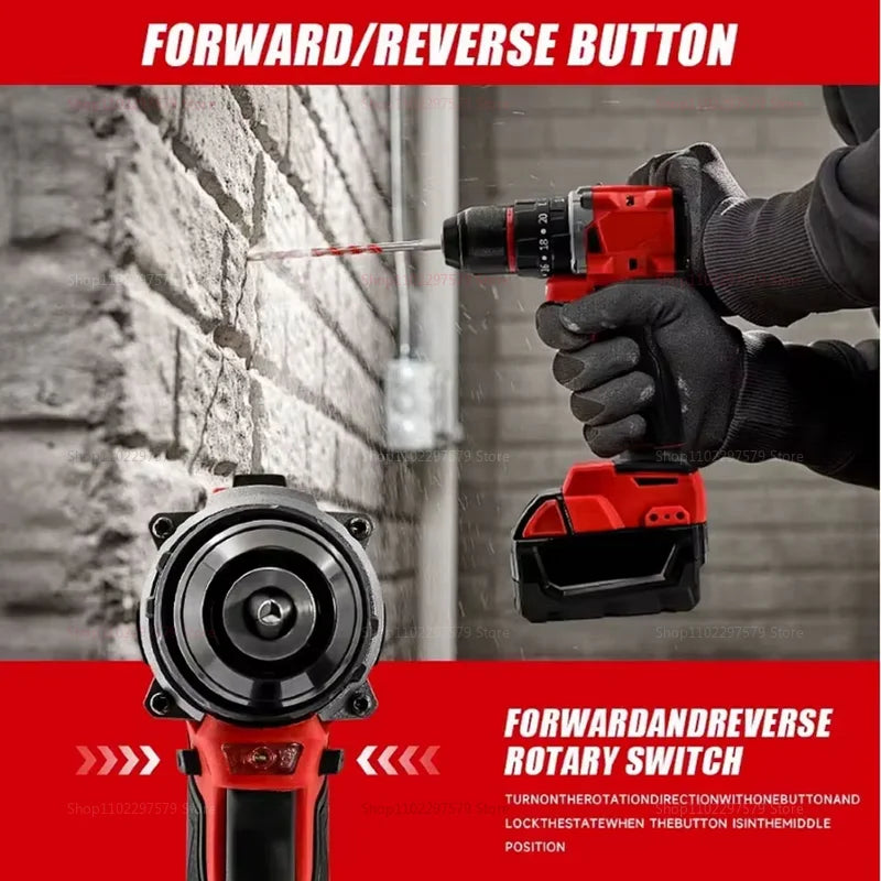Heavy Duty Cordless Brushless Electric Impact Drill with LED Light Rechargeable Power Tool for DIY Use