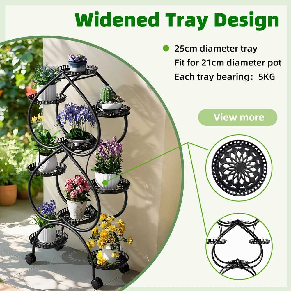 6-Tier Heart-Shaped Plant Stand with Wheels Metal Flower Rack for Indoor Outdoor Use