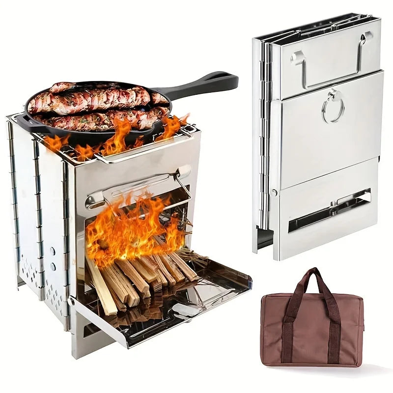 Portable Stainless Steel Camping Stove with Charcoal Grill Foldable Outdoor Cooking Stove