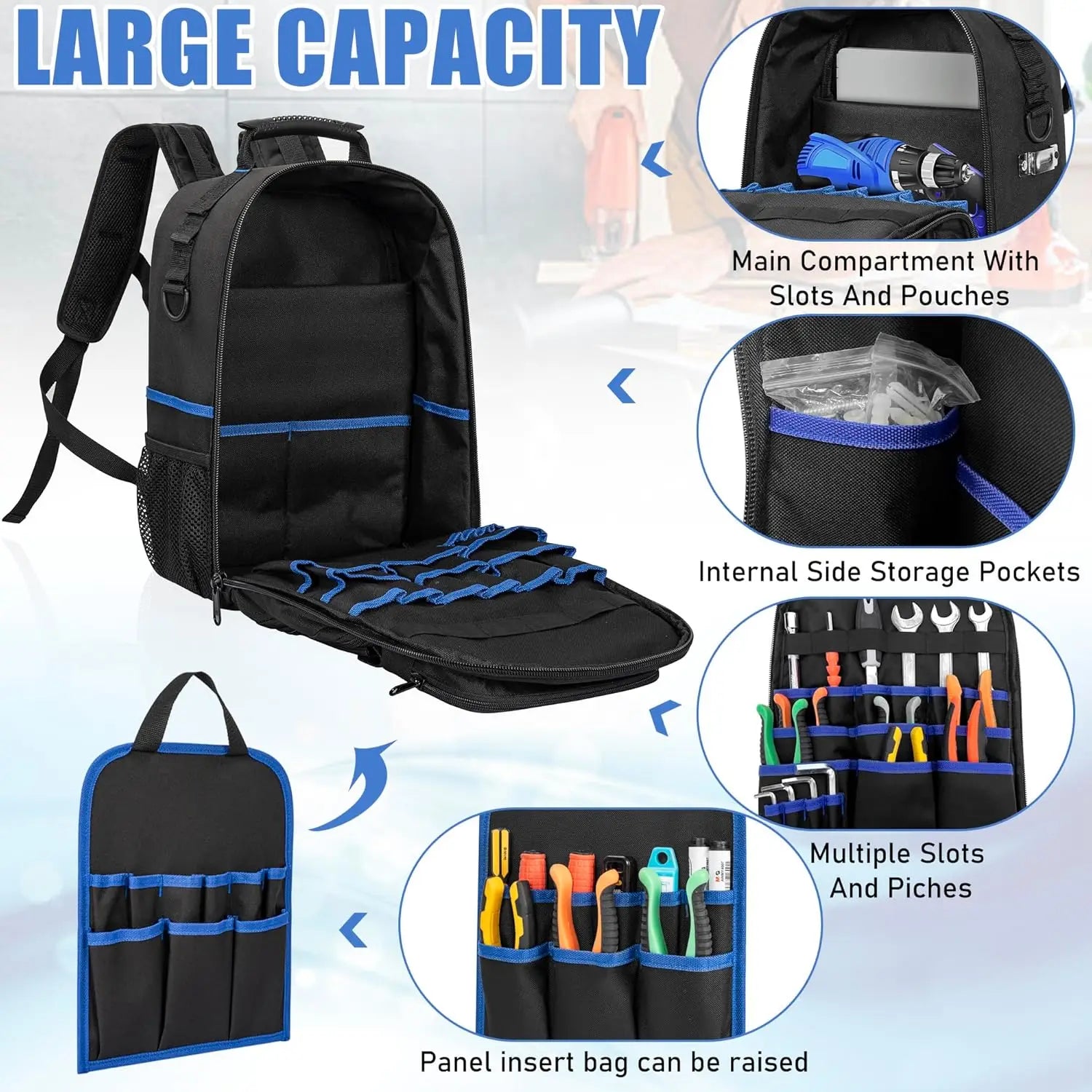 Heavy Duty Tool Backpack with Padded Shoulder Straps and Removable Tool Organizer