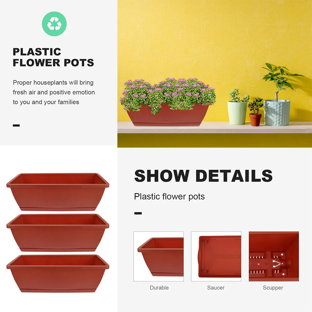6pcs Large Rectangular Plant Pots with Trays Plastic Balcony Garden Flower Planters