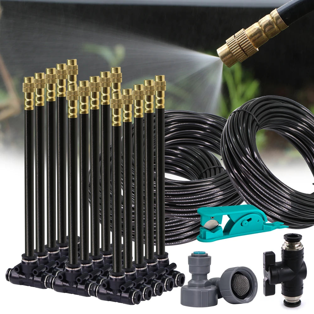 Outdoor Garden Misting System Kit 15m Adjustable Spray Nozzles Irrigation Set