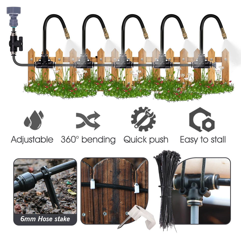 Outdoor Garden Misting System Kit 15m Adjustable Spray Nozzles Irrigation Set